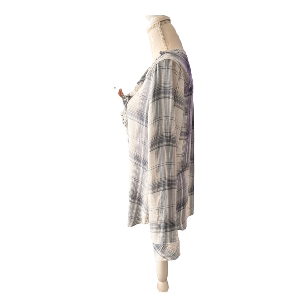 Paige Plaid Shirt Button Up  Distressed Ruffle Collar Festival Semi Sheer Size M - Picture 2 of 9